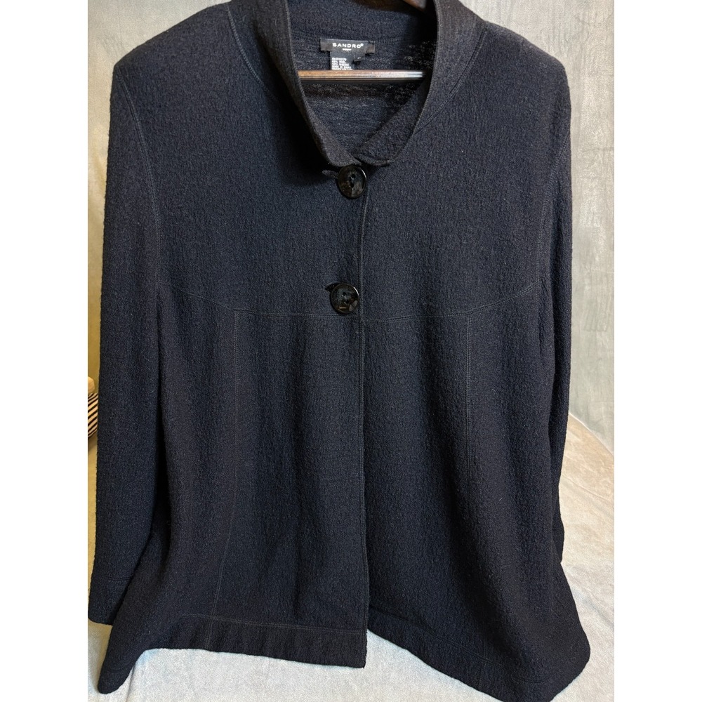 Sandro Woman Sweater Black Mandarin Collar Wool Blend Cardigan Quiet Luxury   1X
